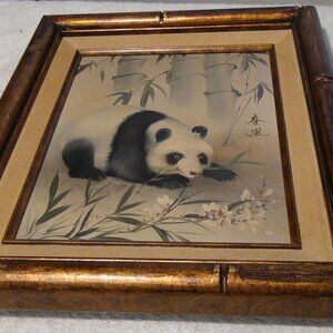 Vintage Panda Bamboo Framed Print on Canvas Chinese Seal Signed 8 x 10
